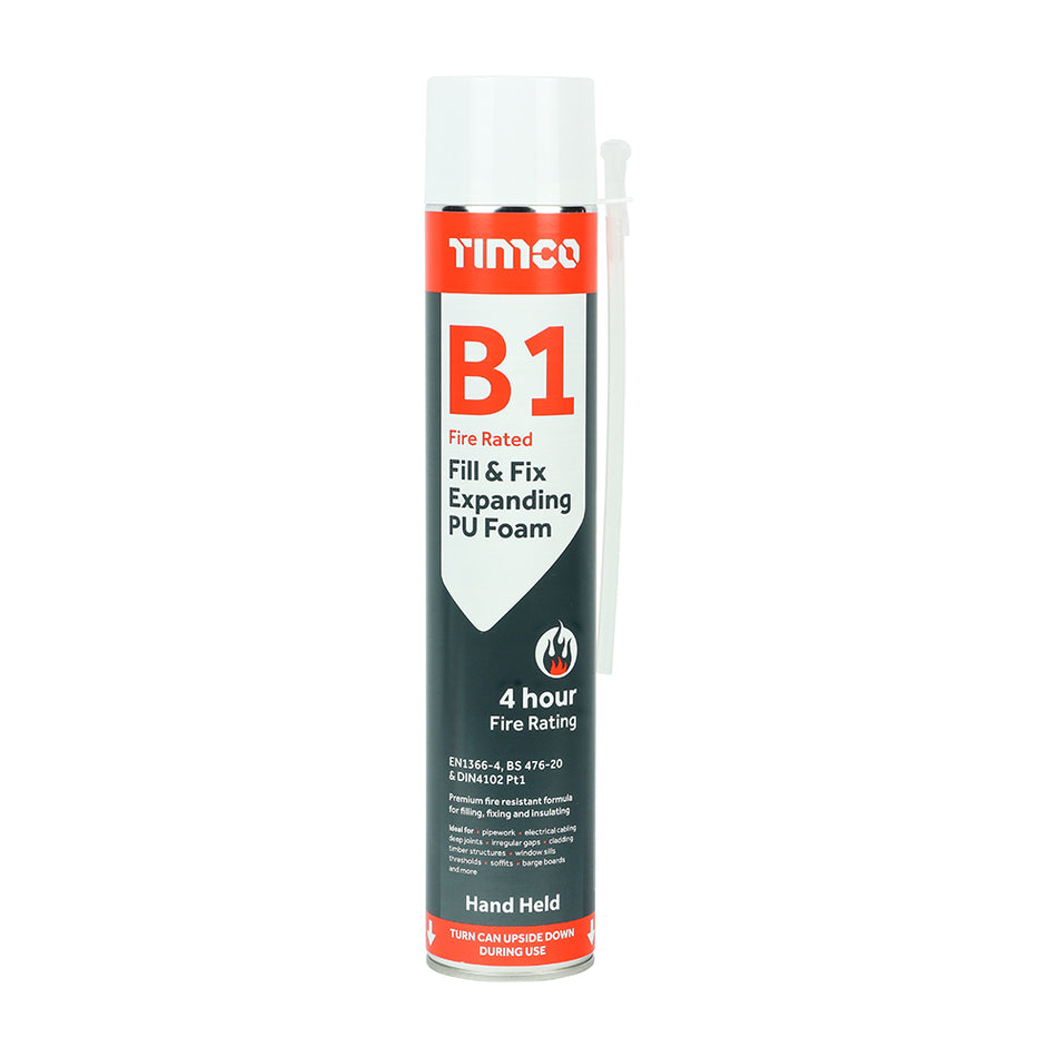 TIMCO B1 fire rated fill & fix expanding foam is a premium quality fire resistant polyurethane based expanding foam formulated to give excellent performance in a majority of fire critical applications. The complex cell structure also gives the foam excellent thermal and acoustic characteristics. Tested in accordance with BS 476-20, EN1366-4 and DIN4102-1 for use in fire safety critical applications requiring up to 4 hours fire resistance. Ideal 