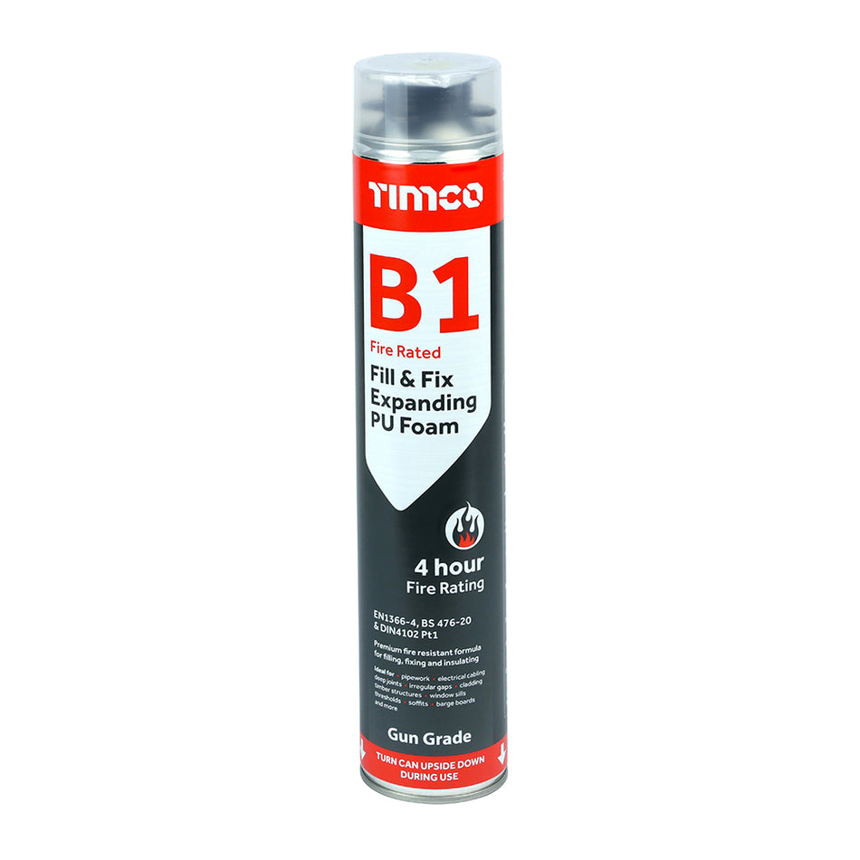 TIMCO B1 fire rated fill & fix expanding foam is a premium quality fire resistant polyurethane based expanding foam formulated to give excellent performance in a majority of fire critical applications. The complex cell structure also gives the foam excellent thermal and acoustic characteristics. Tested in accordance with BS 476-20, EN1366-4 and DIN4102-1 for use in fire safety critical applications requiring up to 4 hours fire resistance. Ideal 