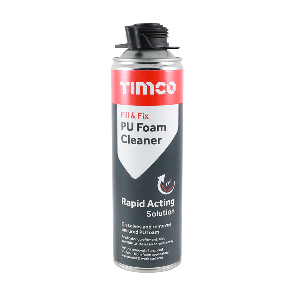 TIMCO fill & fix PU foam cleaner is designed to rapidly dissolve, remove and clean uncured PU foam from surfaces and for cleaning PU foam applicator guns. Comes complete with dual fitting nozzle that connects to PU foam guns for cleaning or to spray directly onto surfaces.