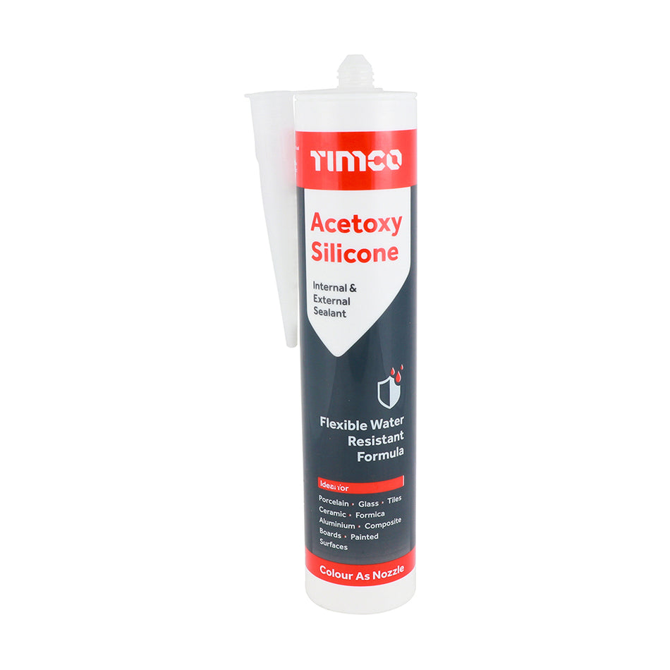 TIMCO acetoxy silicone is a general purpose, single component silicone which offers a flexible watertight seal to most surfaces. For sealing around different types of door and window frames, kitchen units, pipes, sanitary fixtures and duct work. Can also be used for draught proofing.