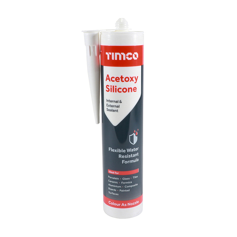 TIMCO acetoxy silicone is a general purpose, single component silicone which offers a flexible watertight seal to most surfaces. For sealing around different types of door and window frames, kitchen units, pipes, sanitary fixtures and duct work. Can also be used for draught proofing.