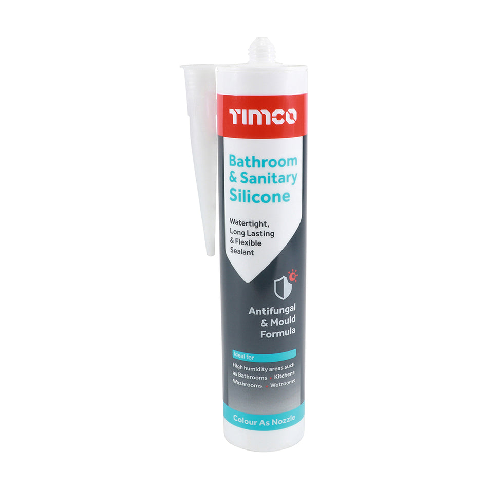 TIMCO Bathroom & Sanitary Silicone contains powerful antifungal compounds to prevent mould growth. Typically used in areas of high humidity. Provides a long lasting, flexible and watertight seal that is ideal for domestic or commercial applications. Adheres to most non-porous surfaces without the use of a primer and gives a clean and professional finish.