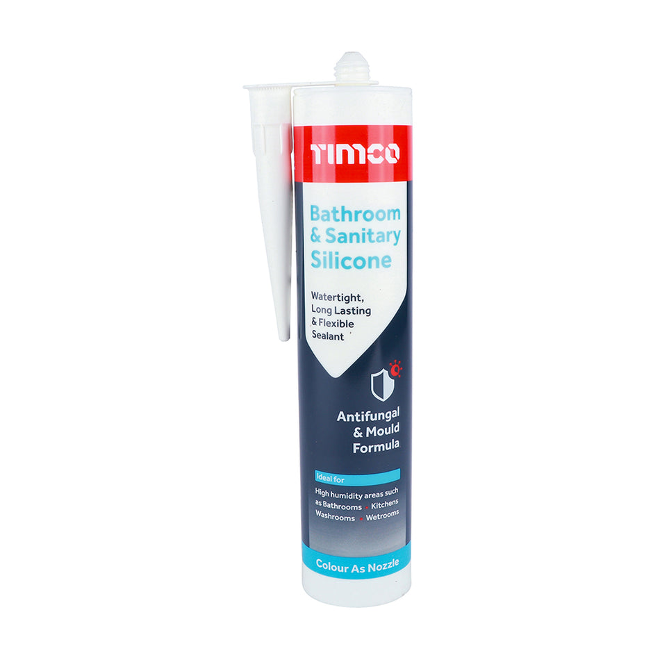 TIMCO Bathroom & Sanitary Silicone contains powerful antifungal compounds to prevent mould growth. Typically used in areas of high humidity. Provides a long lasting, flexible and watertight seal that is ideal for domestic or commercial applications. Adheres to most non-porous surfaces without the use of a primer and gives a clean and professional finish.