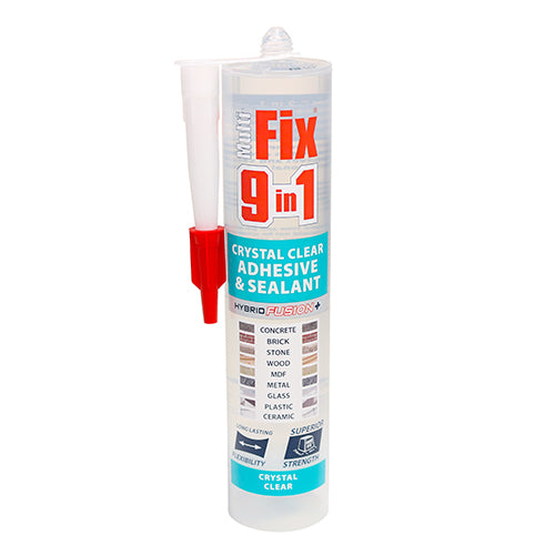 TIMCO 9 in 1 crystal clear adhesive & sealant has been developed to give superior bonding and sealing performance to all building materials including glass and PVCu. The advanced formula is extremely versatile, allowing the product to be used as a replacement for both traditional adhesives and sealants, while giving a professional finish.