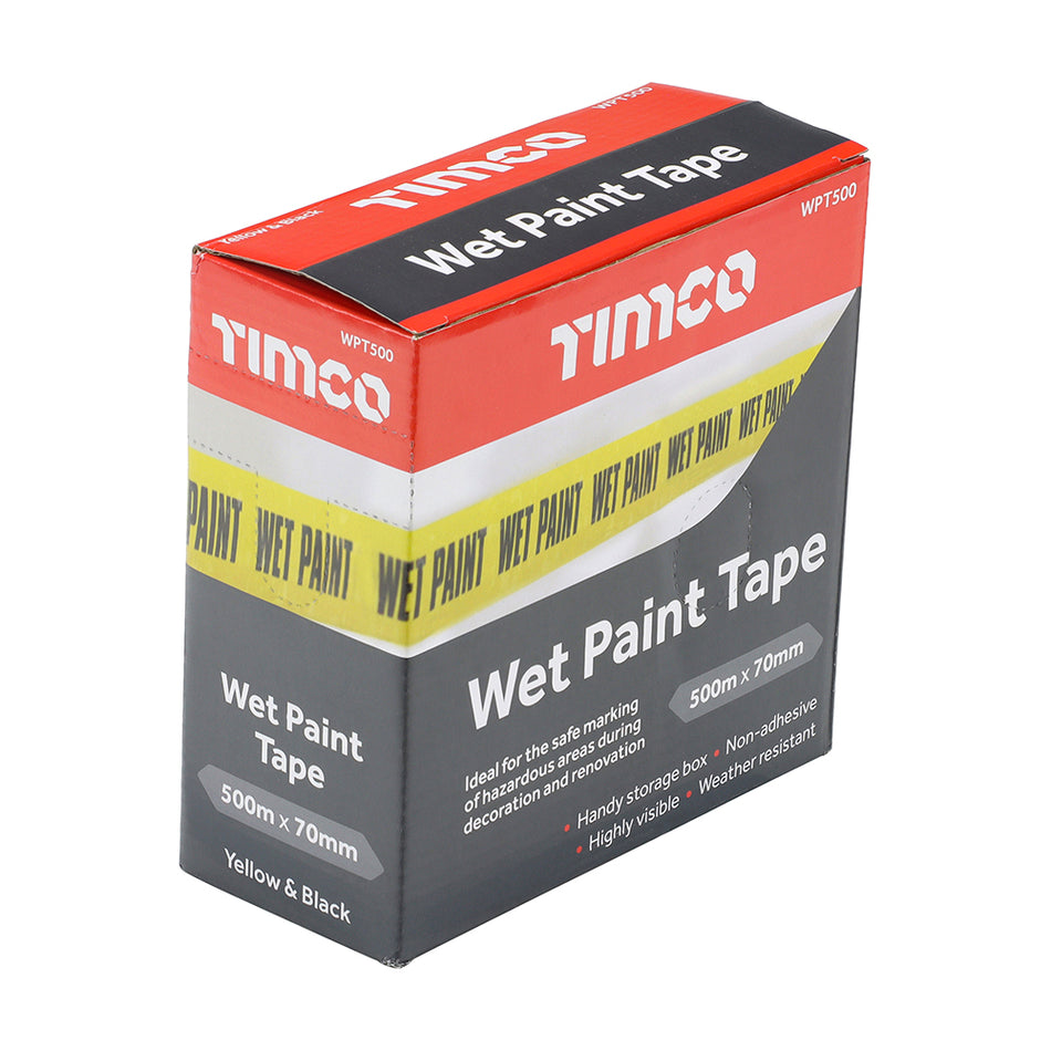 Highly visible non-adhesive wet paint tape ideal for the safe marking of hazardous areas during decoration and renovation. Convenient dispenser box for easy storage.